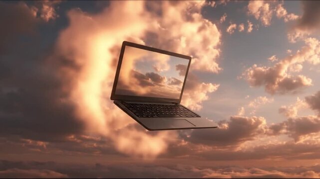 A laptop floats midair amid orange clouds at sunset, screen open, defying gravity under evening sky