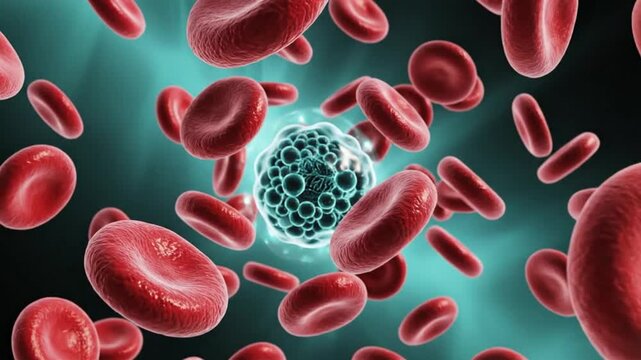 A video showcasing a computer-generated virus cell attacking red blood cells in the human body