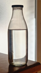 Glass bottle with water on wooden table reflecting light