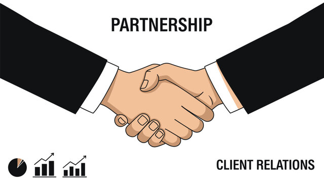Business partnership handshake with graphs and charts on white background with client and relations and agreement and cooperation and teamwork