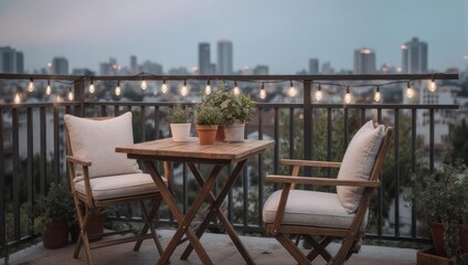Cozy Balcony with City View and String Lights at Dusk.
