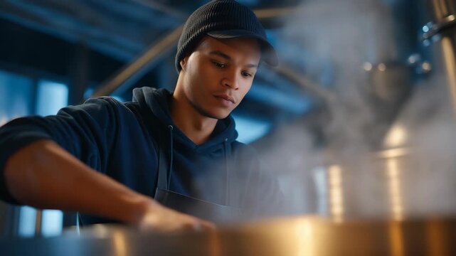 A craft brewer measuring grain weight and water ratios on industrial scales while steam rises from stainless steel kettles &mdash; artisan brewing, recipe consistency, and brewery process accuracy.
