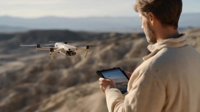 A filmmaker controlling a camera drone with a touchscreen pad, live footage streaming as the drone swoops over dramatic terrain &mdash; cinematic capture control, aerial filmmaking, and creative tech