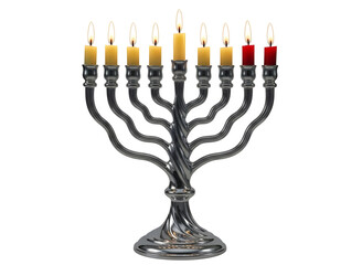 Fototapeta premium Silver hanukkah menorah with lit candles on transparent background