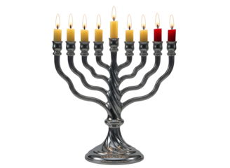 Silver hanukkah menorah with lit candles on transparent background