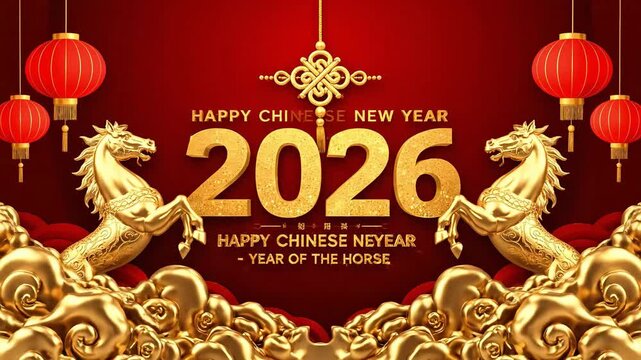 Golden Horses Celebrate Chinese New Year 2026 Amidst Vibrant Red Lanterns and Clouds