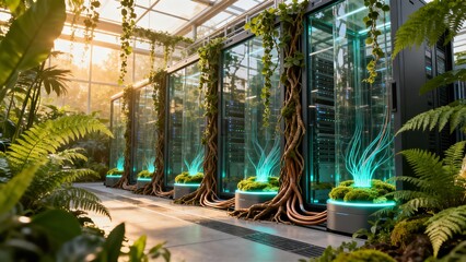 Sustainable Tech Future: Lush Greenery Intertwined with Futuristic Server Racks for Eco-Friendly Data Centers