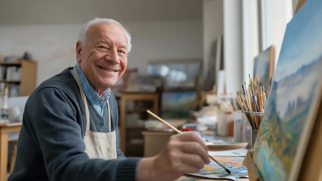 A senior participating in an art therapy session, painting colorful landscapes in a naturally lit studio as soothing music plays &mdash; creative therapy, emotional wellness, and cognitive enrichment for