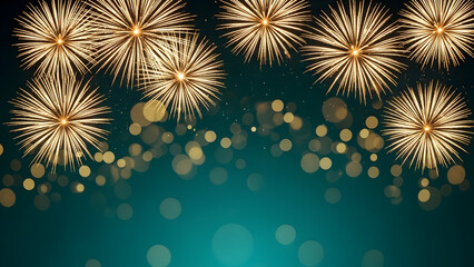 Vibrant fireworks explode in the night sky with sparkling lights and golden glow