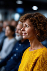 Woman smiles while sitting in audience at event during evening