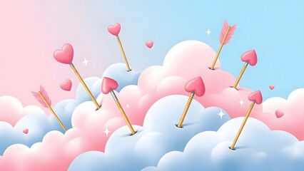 Whimsical pink arrows floating in a dreamy cloudy sky
