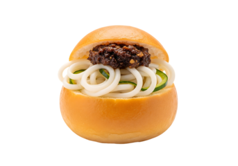 A halved bun with meat and onions