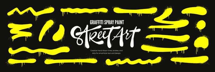 Bright lemon yellow graffiti spray paint underlines, wavy bold lines and dots for street art banner design. Hand drawn vector aerosol effect, bold noisy brush strokes and lines. Vandal street art.
