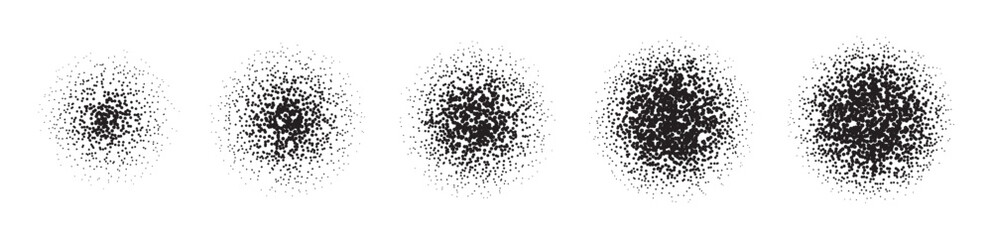 Dissolve spray dot collection with noise texture. Set of grain round dots, dissolve circle gradient, stipple effect. Grainy round shapes with fade gradation. Vector dirty dust sand noise effect. © Anastasiia Hevko