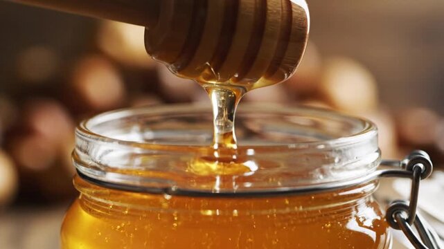 A video shows a close-up of honey dripping from a wooden honey dipper into a glass jar filled with golden honey.