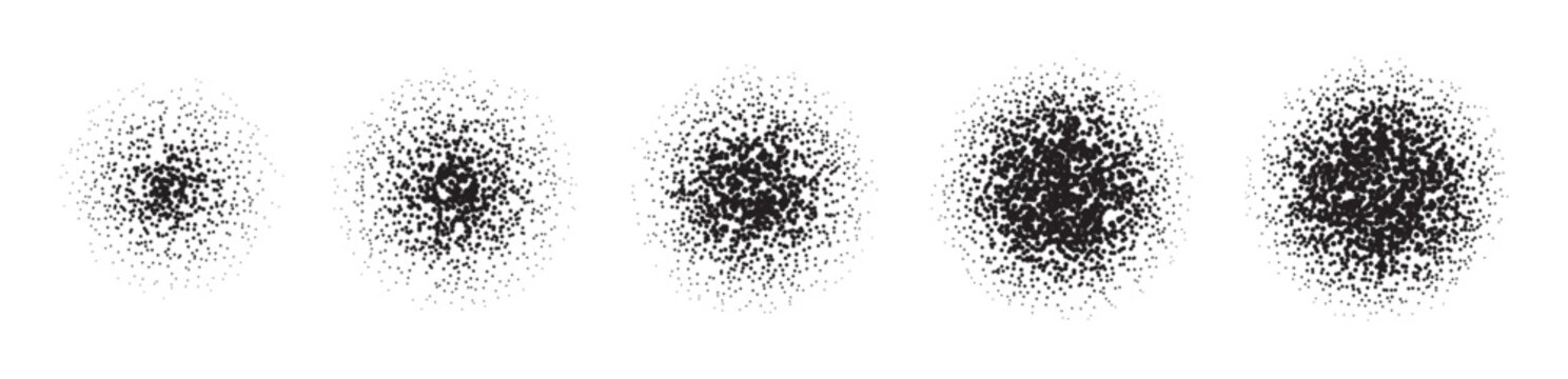 Dissolve spray dot collection with noise texture. Set of grain round dots, dissolve circle gradient, stipple effect. Grainy round shapes with fade gradation. Vector dirty dust sand noise effect.