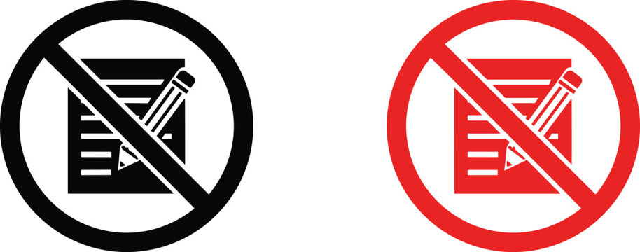 No writing prohibition sign set featuring document and pencil silhouettes with red and black warning circles for restriction.