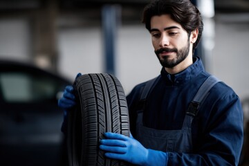 Male hispanic adult mechanic handling car tire in workshop setting