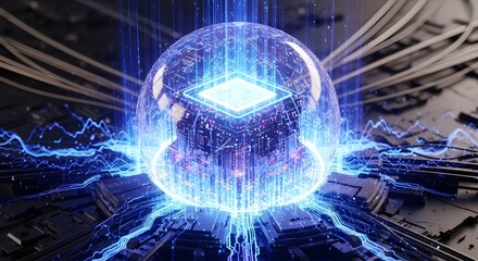 Digital representation of advanced artificial intelligence processing power encapsulated within a glowing blue energy sphere on a motherboard