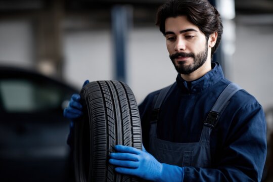 Male hispanic adult mechanic handling car tire in workshop setting - Powered by Adobe