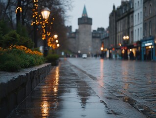 Wet cobblestone street reflecting city lights and a historic building tower after rain, creating a moody, atmospheric urban scene during evening dusk