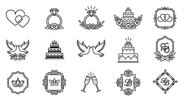 Collection of wedding icons including hearts rings cakes doves and champagne in elegant line art style for invitations and decorations with engagement