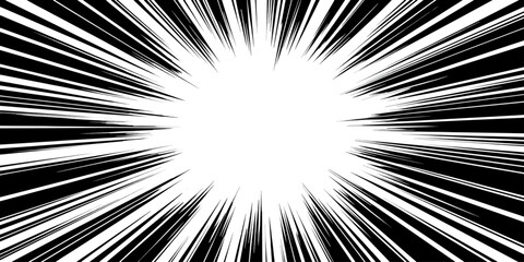 A black and white abstract background features a starburst pattern of light rays and energy beams creating a motion texture with a fractal art explosion design