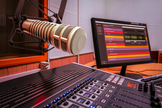 Professional microphone and sound mixer in radio studio