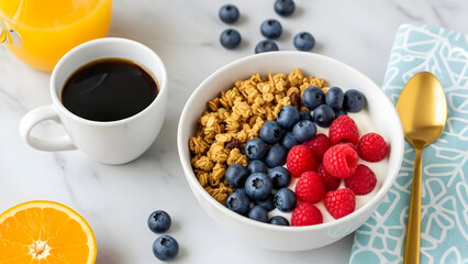Delicious breakfast bowl with fresh berries and granola next to coffee and orange