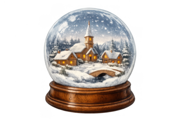 Snow globe with winter village scene, falling snow, cozy cottages, church, and bridge, creating a festive holiday atmosphere