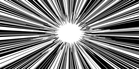 A digital art illustration of a fractal burst background featuring a black and white abstract explosion of light rays and motion lines with blue and green energy patterns