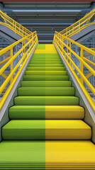 Stairway to Elevation: An inviting perspective of a vibrant stairway in an industrial structure, with yellow railings and the ascending steps.
