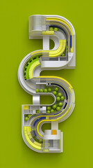 Abstract Engineering: A dynamic display of intricate pathways and spheres of diverse sizes and hues, against a vibrant green field, revealing complex networks and designs.