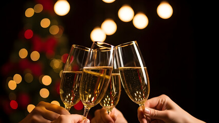 Hands holding champagne glasses with christmas tree lights in the background at a festive party