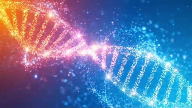 Abstract glowing double helix dna structure on a vibrant blue and orange gradient background