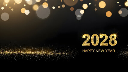 A festive digital illustration for the year 2028 with sparkling lights and a happy new year message