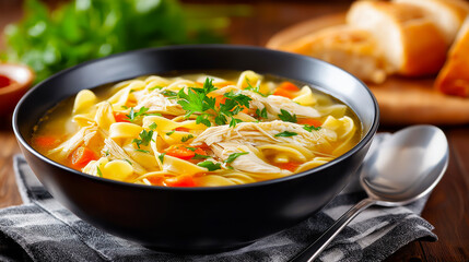 Delicious bowl of chicken noodle soup with vibrant vegetables, garnished with fresh herbs, served on a dark table with bread rolls and a glass of red wine, perfect for comfort food