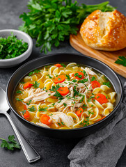 Delicious bowl of chicken noodle soup with vibrant vegetables, garnished with fresh herbs, served on a dark table with bread rolls and a glass of red wine, perfect for comfort food