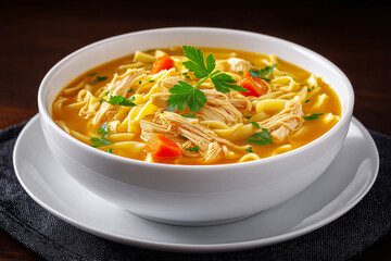 Delicious bowl of chicken noodle soup with vibrant vegetables, garnished with fresh herbs, served on a dark table with bread rolls and a glass of red wine, perfect for comfort food