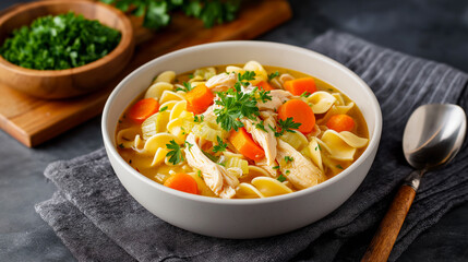 Delicious bowl of chicken noodle soup with vibrant vegetables, garnished with fresh herbs, served on a dark table with bread rolls and a glass of red wine, perfect for comfort food