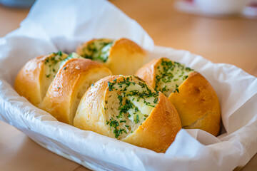 Freshly baked artisan bread loaf, sliced and garnished with herbs, presented on a wooden cutting board, showcasing texture and warmth in a cozy kitchen setting