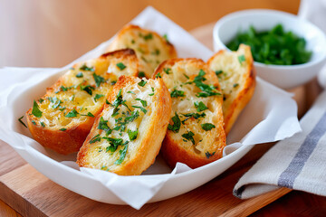 Freshly baked artisan bread loaf, sliced and garnished with herbs, presented on a wooden cutting board, showcasing texture and warmth in a cozy kitchen setting