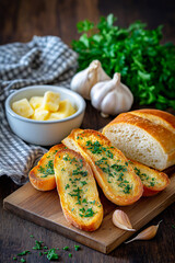 Freshly baked artisan bread loaf, sliced and garnished with herbs, presented on a wooden cutting board, showcasing texture and warmth in a cozy kitchen setting