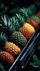 Tropical Treasure Trove: A vibrant array of pineapples, each bursting with natural color and flavor, sits in a visually striking still life, ready to delight your senses.