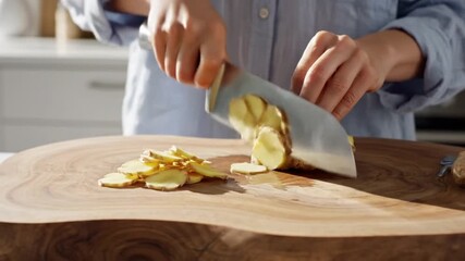 A person skillfully chopping a mushroom on a wooden cutting board in a modern kitchen for a cooking video