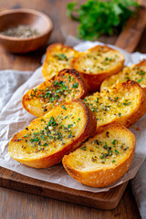Freshly baked artisan bread loaf, sliced and garnished with herbs, presented on a wooden cutting board, showcasing texture and warmth in a cozy kitchen setting