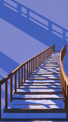 Ascending Heights: A weathered wooden staircase with a sturdy handrail ascends toward a sunlit sky, casting striking shadows, evokes a sense of journey and elevation.