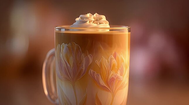 Delicious Caramel Latte Pouring into Floral Mug Close Up Coffee Drink Beverage Hot Chocolate Cappuccino Cafe Breakfast Morning Lifestyle Food Stock Video Footage