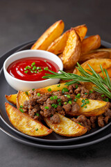 Delicious plate of crispy golden potato wedges, seasoned ground beef, fresh arugula, and vibrant tomato sauce, showcasing a hearty meal with rich flavors and textures