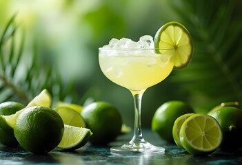 Refreshing lime margarita cocktail with limes and ice